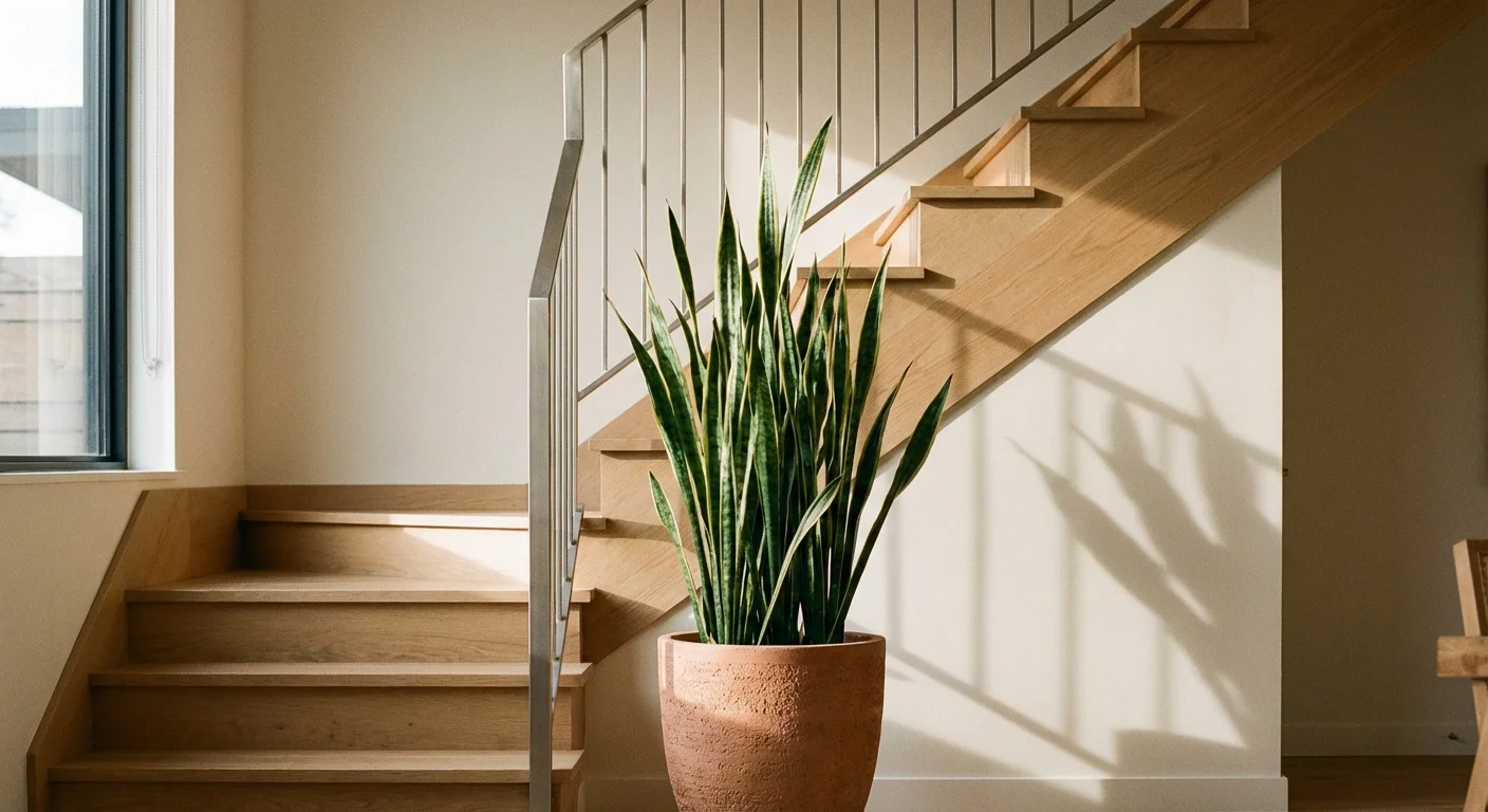 A tall, structural Snake Plant in a terracotta pot sitting next to a modern interior staircase.