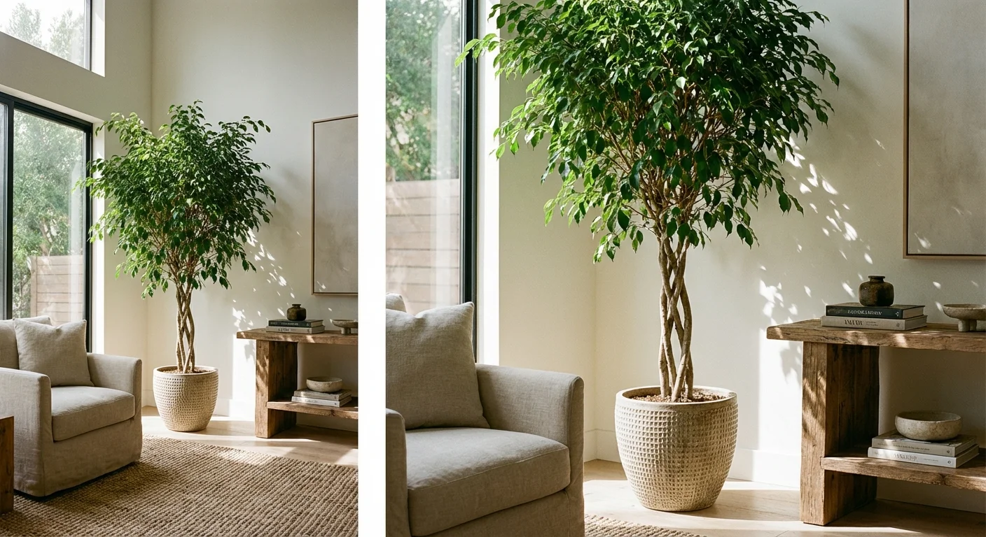 A tall Weeping Fig tree in a bright, modern living room corner.