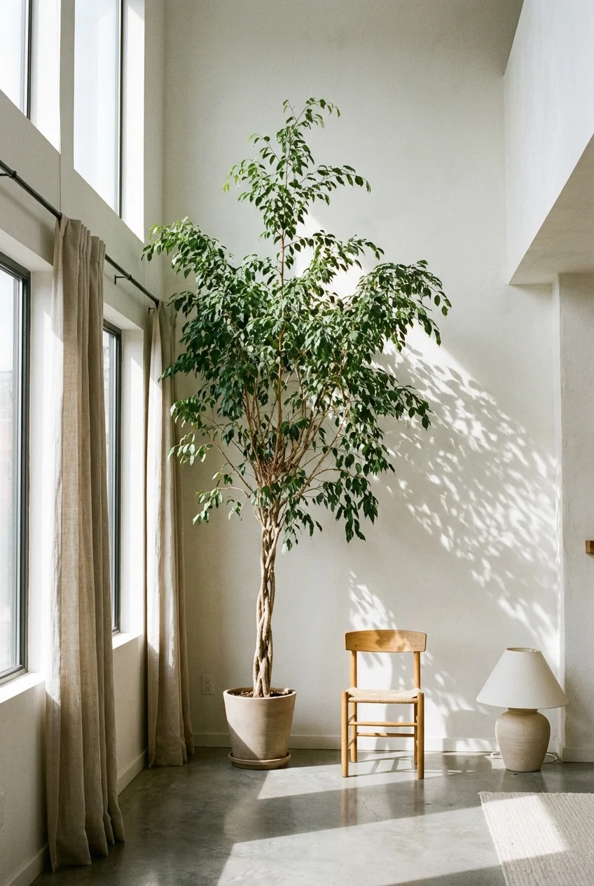 A tall Weeping Fig tree standing in the corner of a bright, minimalist apartment.