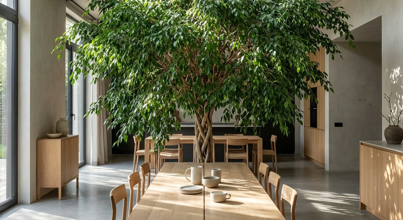 A tall Weeping Fig tree with a braided trunk in a modern dining room.