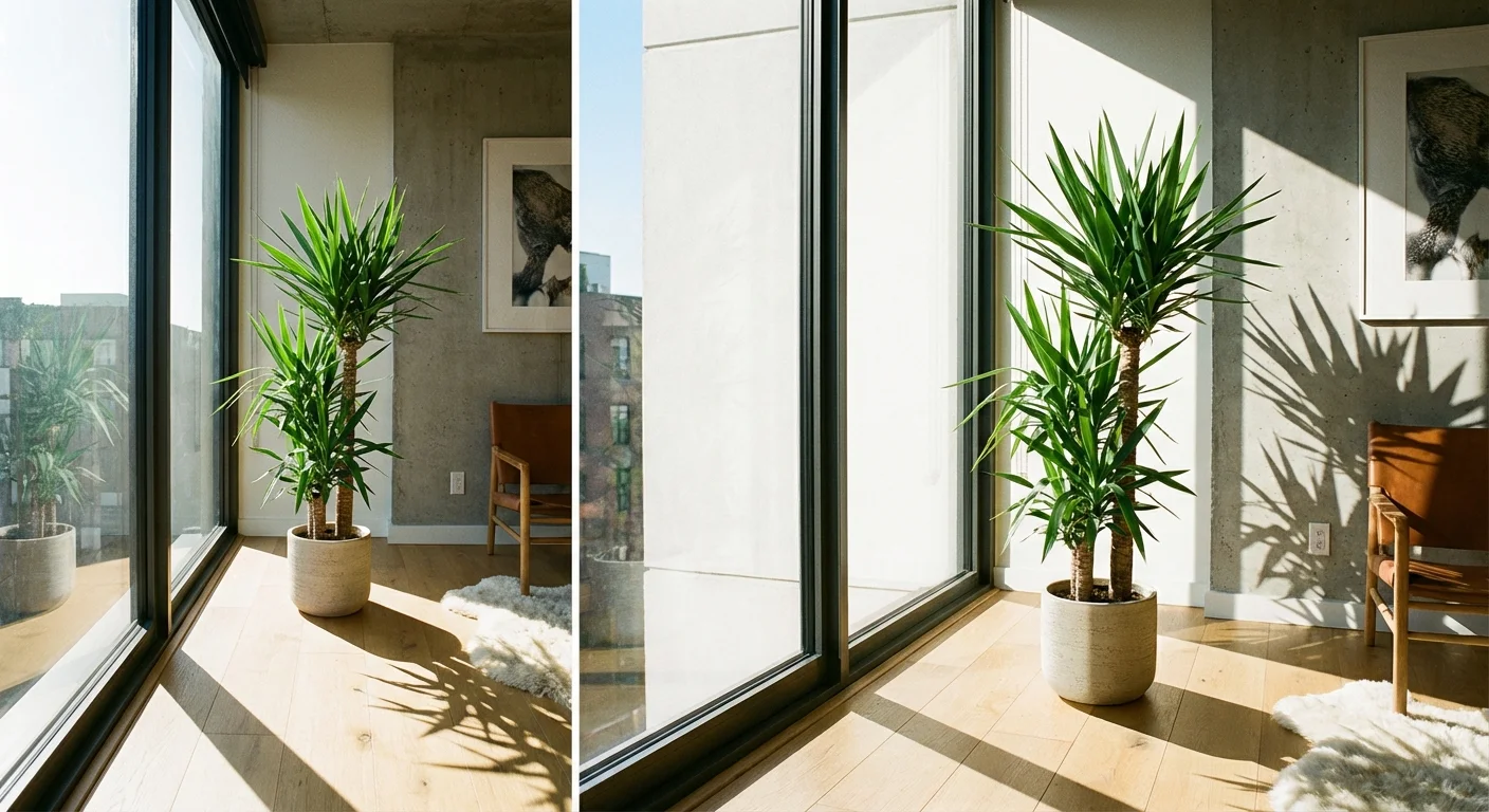 A tall Yucca plant basking in bright sunlight by a window.
