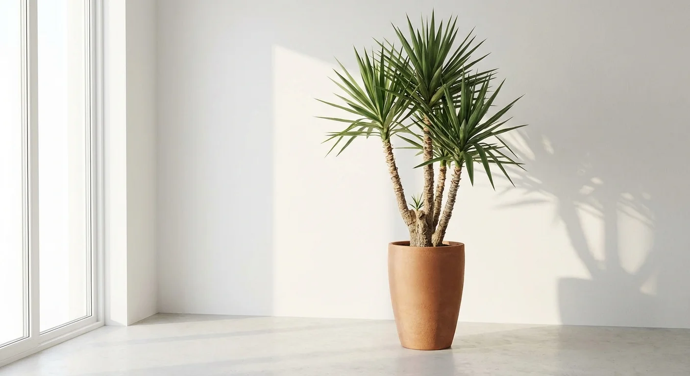 A tall Yucca plant in a terracotta pot standing against a white wall in a sunlit room.