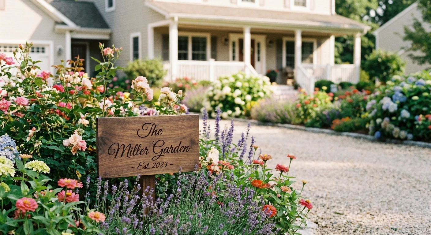A tasteful wooden sign placed in a flower bed to set property boundaries.