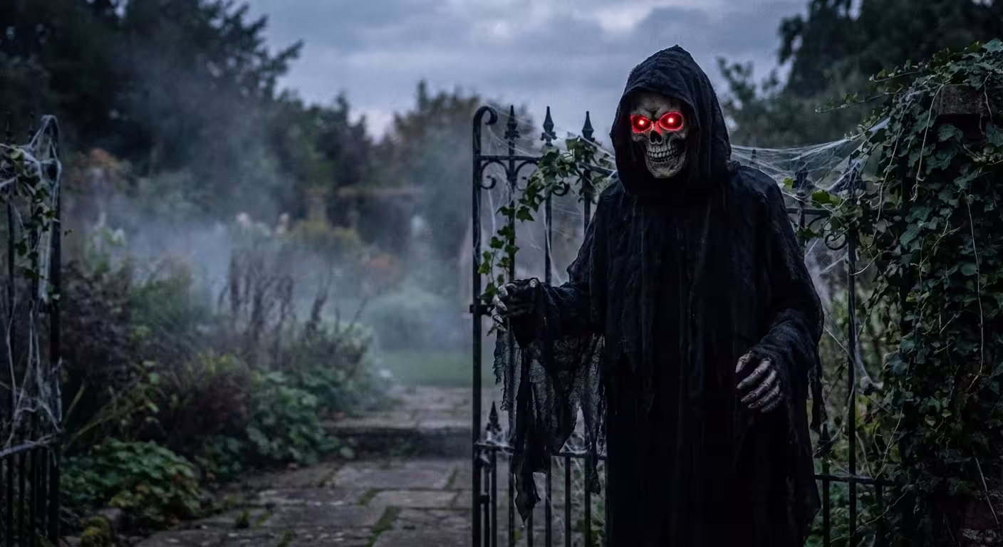 A tattered Grim Reaper prop hanging by a garden gate at night.