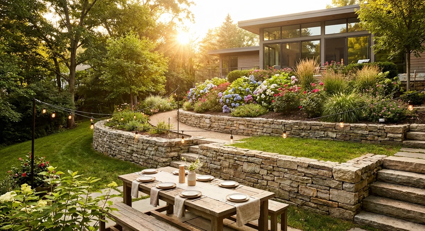 A terraced garden with multiple levels for dining and planting on a hillside.
