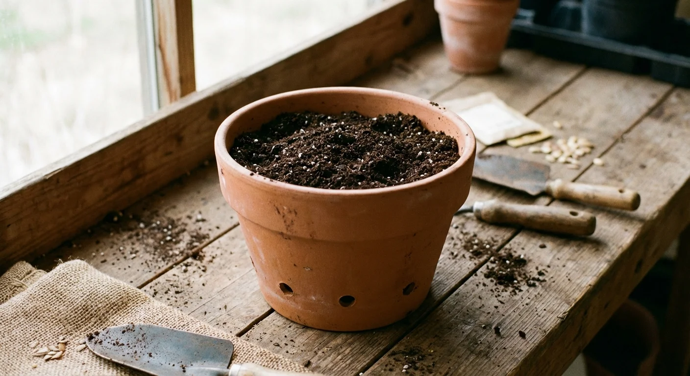 A terracotta pot filled with soil on a wooden table, showing clear drainage holes.