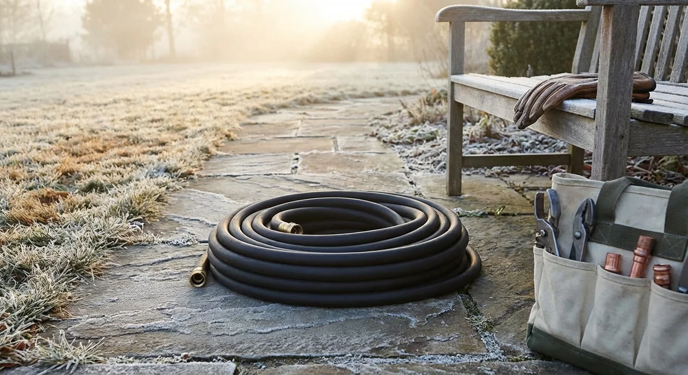 A thick insulated garden hose coiled on a stone path in a frosty garden.