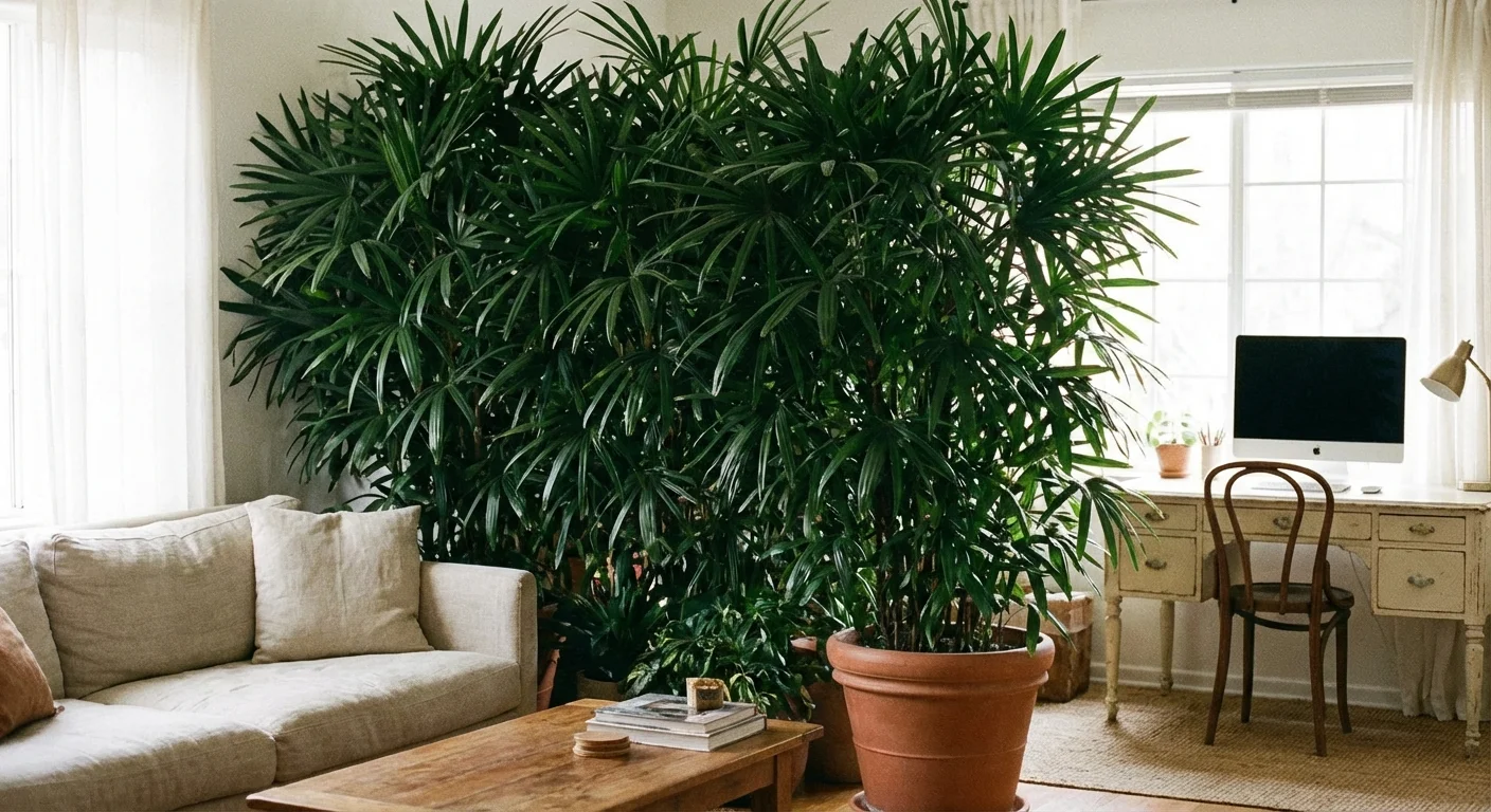 A thick Lady Palm with fan-like leaves acting as a screen in a modern apartment.