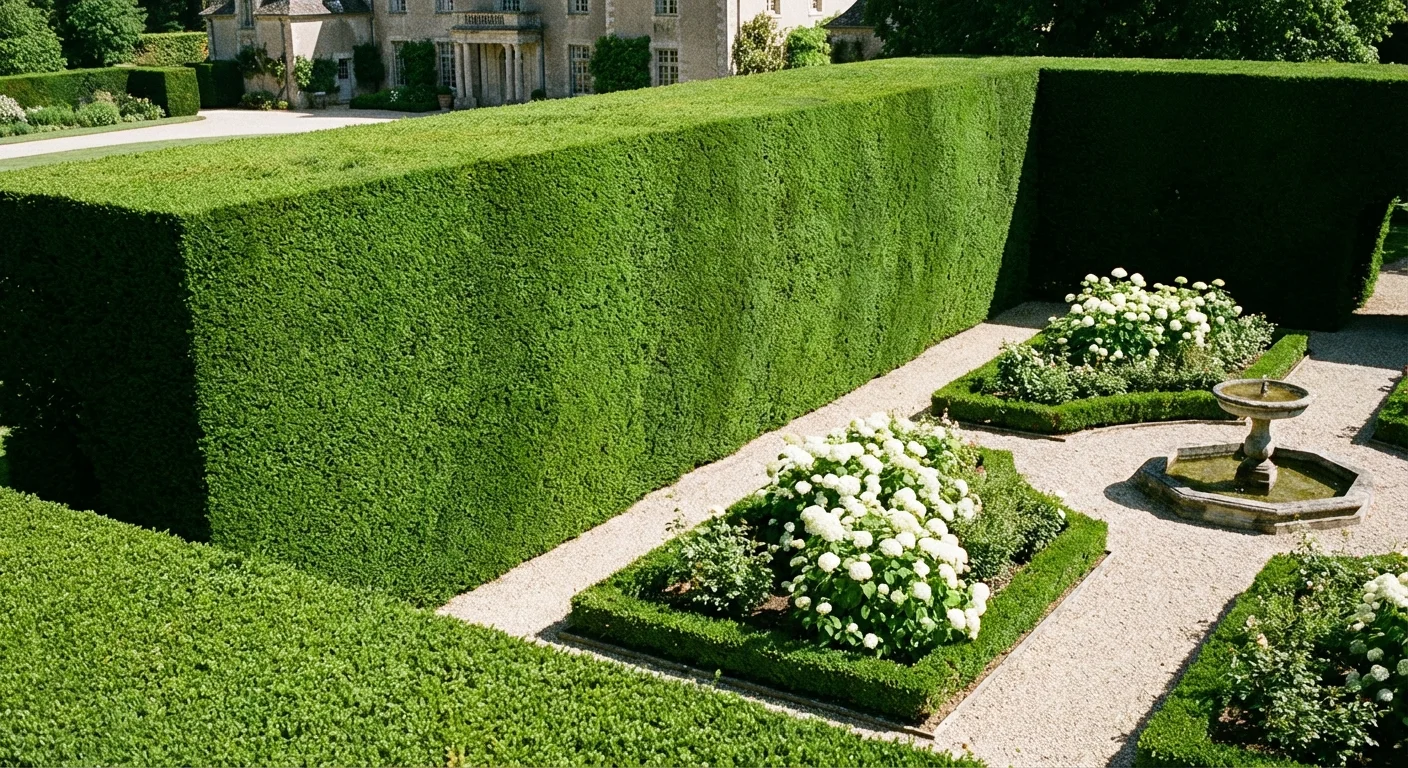 A thick, neatly trimmed green boxwood hedge providing a solid boundary.