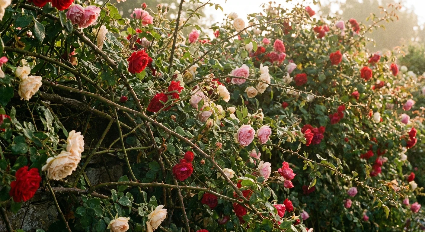 A thick, thorny rose hedge serving as a beautiful natural garden barrier.