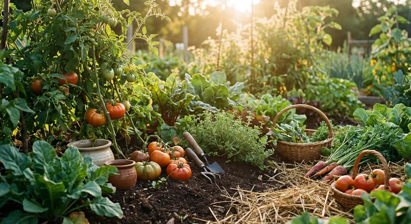 A thriving, organic garden bed with diverse green plants growing in rich, chemical-free soil.
