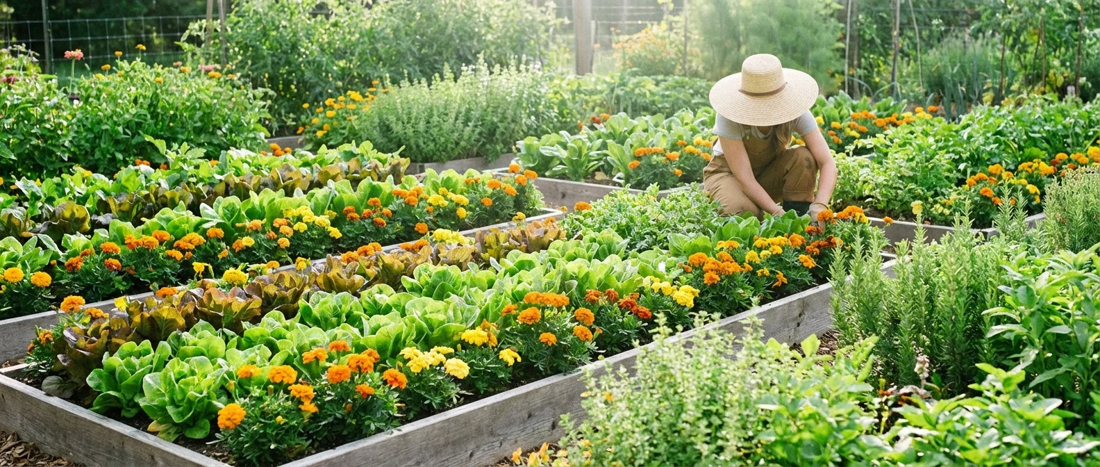 A thriving, well-maintained home vegetable garden during the spring season.
