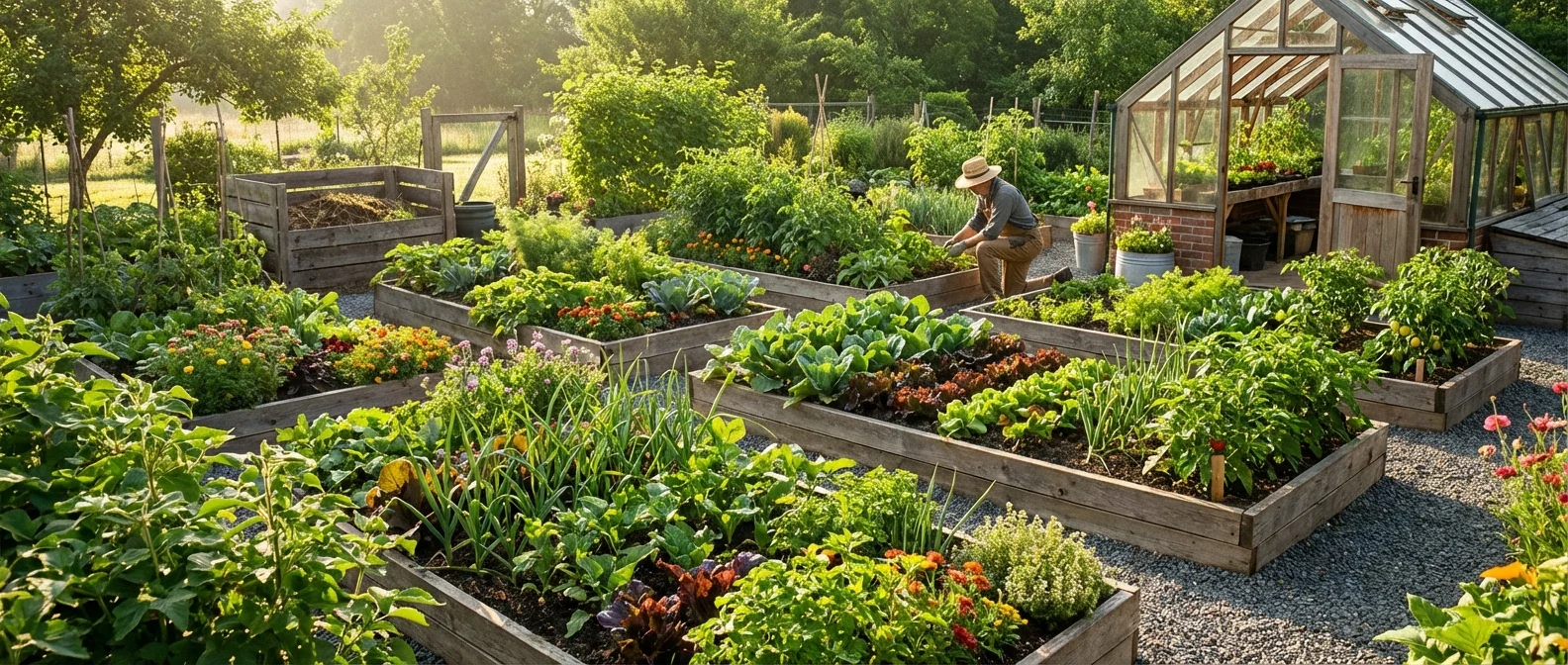 A thriving, well-organized home vegetable garden under bright morning sunlight.