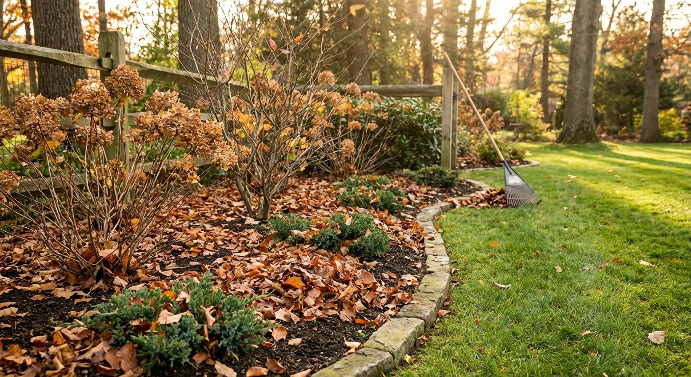A tidy garden bed with autumn leaves neatly tucked around plants to serve as natural protective mulch.