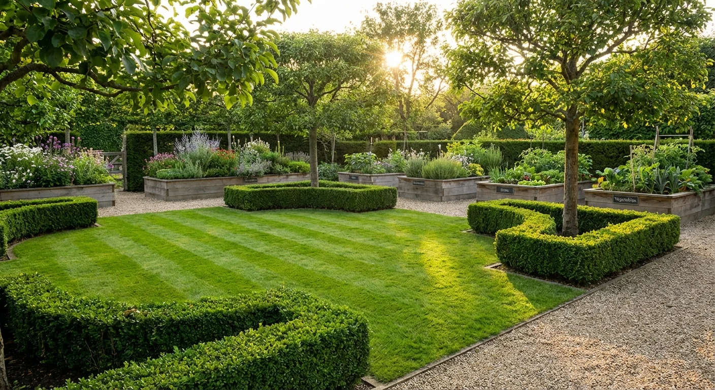 A tidy garden with short grass and neatly trimmed bushes.