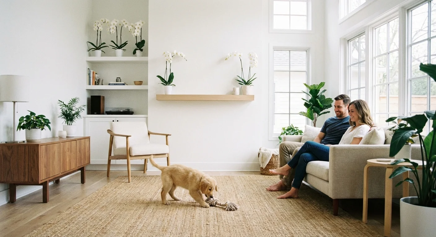 A tidy living room with orchids placed on high shelves out of a pet's reach.