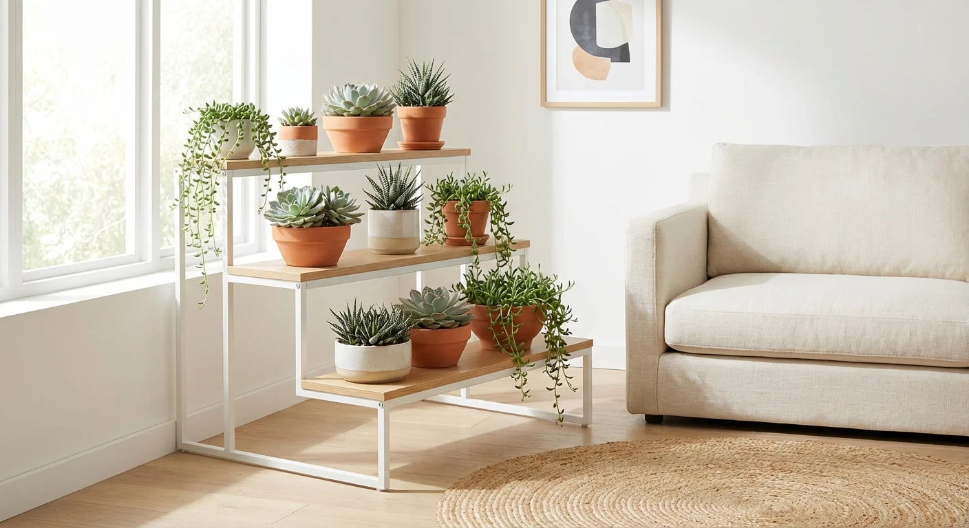 A tiered plant stand displaying various succulents in a modern room.