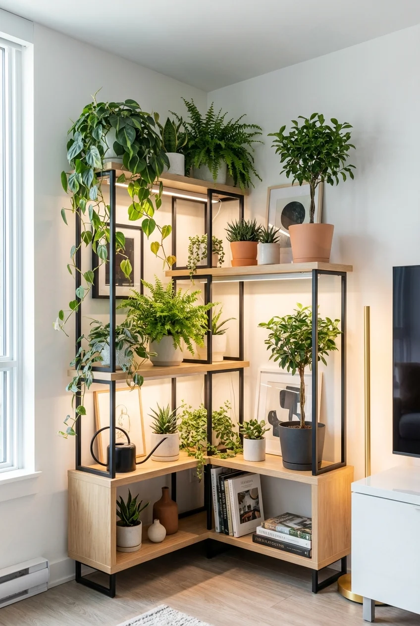 A tiered wooden plant stand filled with various houseplants in a small, bright apartment corner.