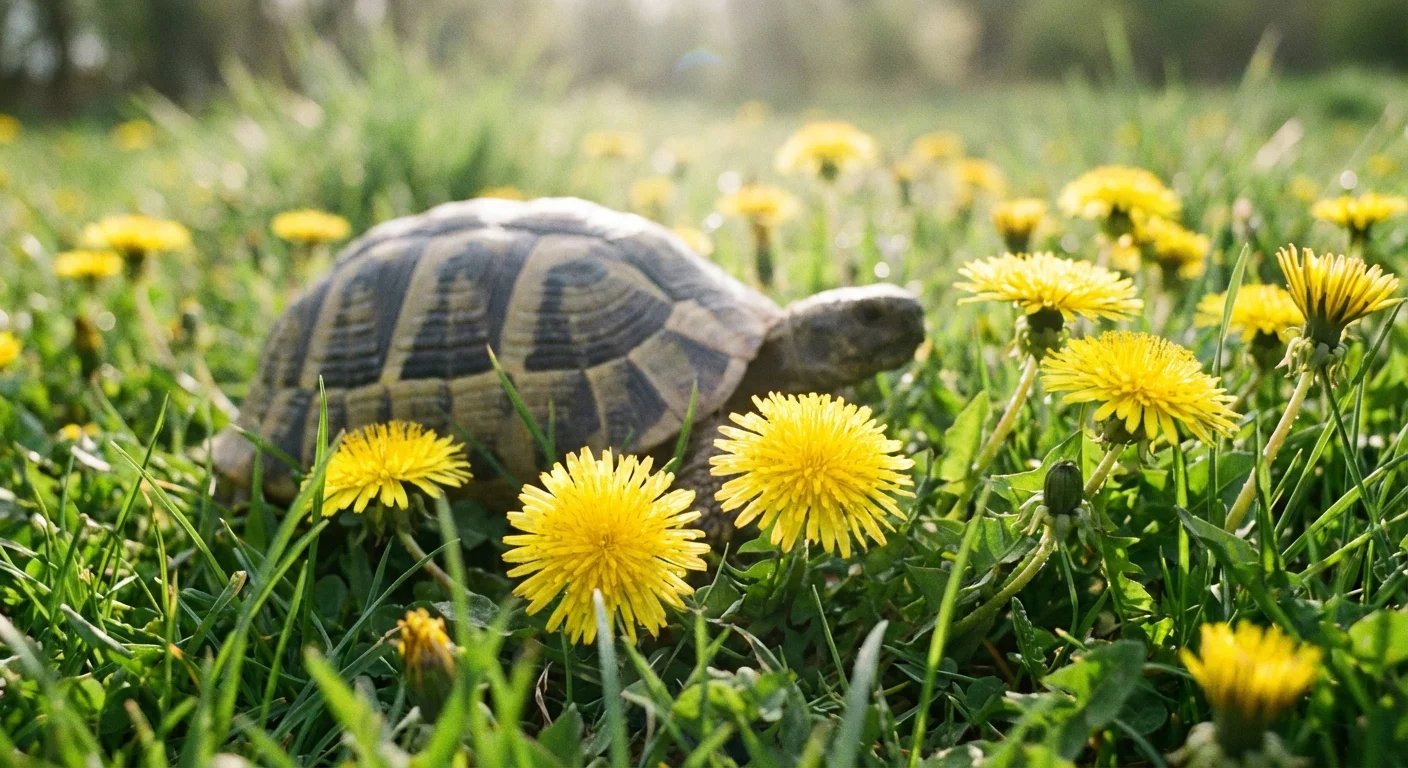 A tortoise near bright yellow dandelions in a green lawn.