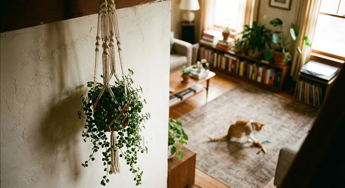 A trailing plant hangs high in a macrame planter with a cat visible in the blurred background on the floor.