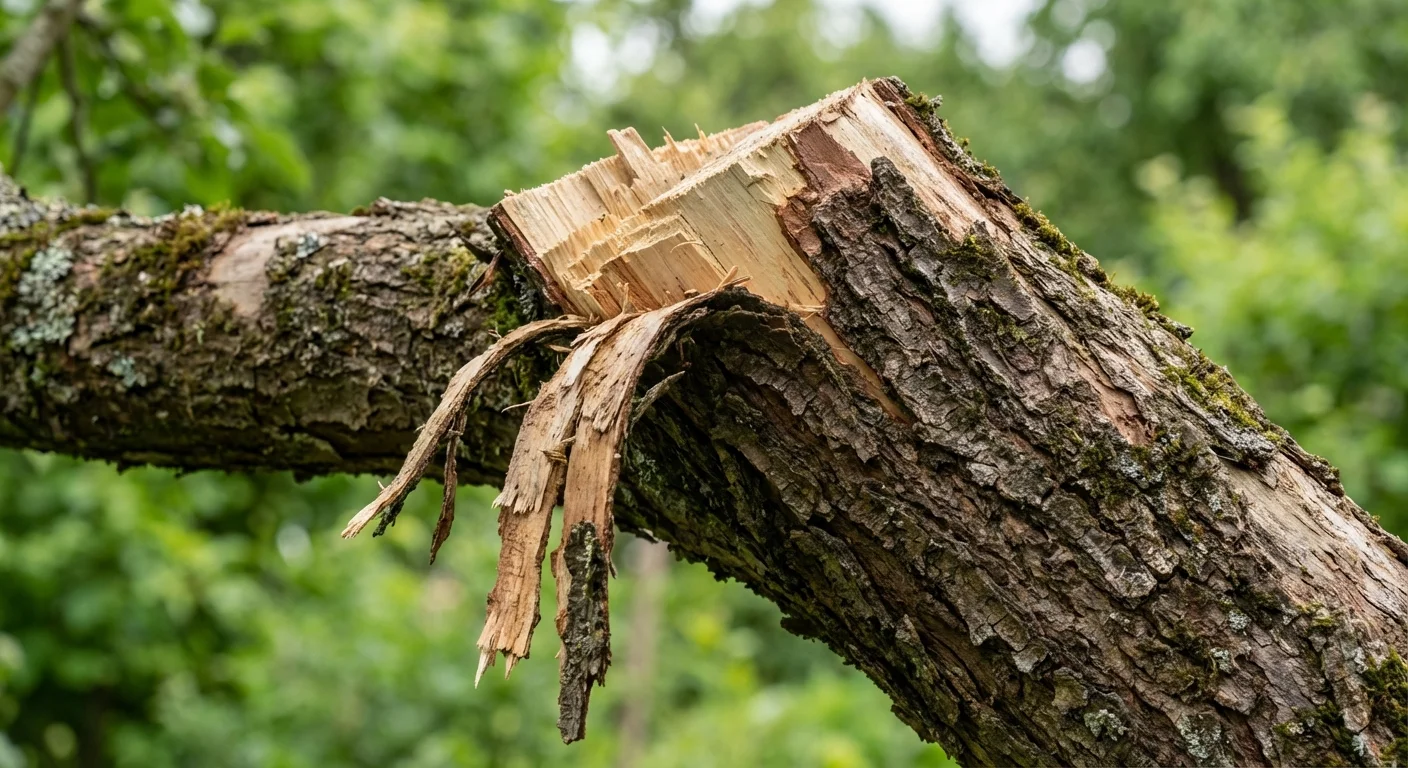 A tree branch with a jagged tear in the bark caused by an improper pruning cut.