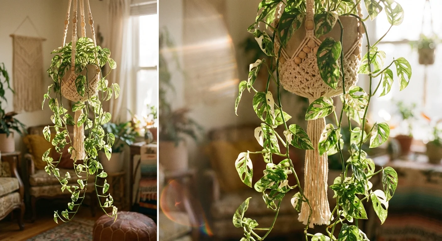 A variegated Monstera Adansonii with white splashes on its characteristic holy leaves.