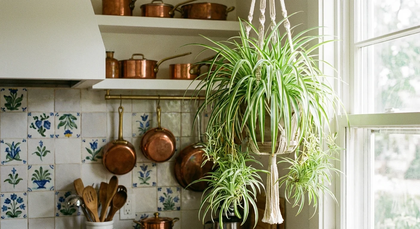 A variegated spider plant in a macrame hanger suspended in a bright kitchen with white tiles.