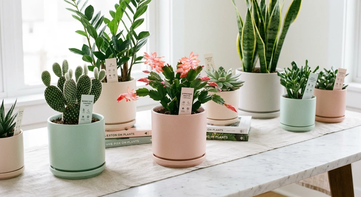 A variety of beginner-friendly cacti arranged neatly on a white marble surface.