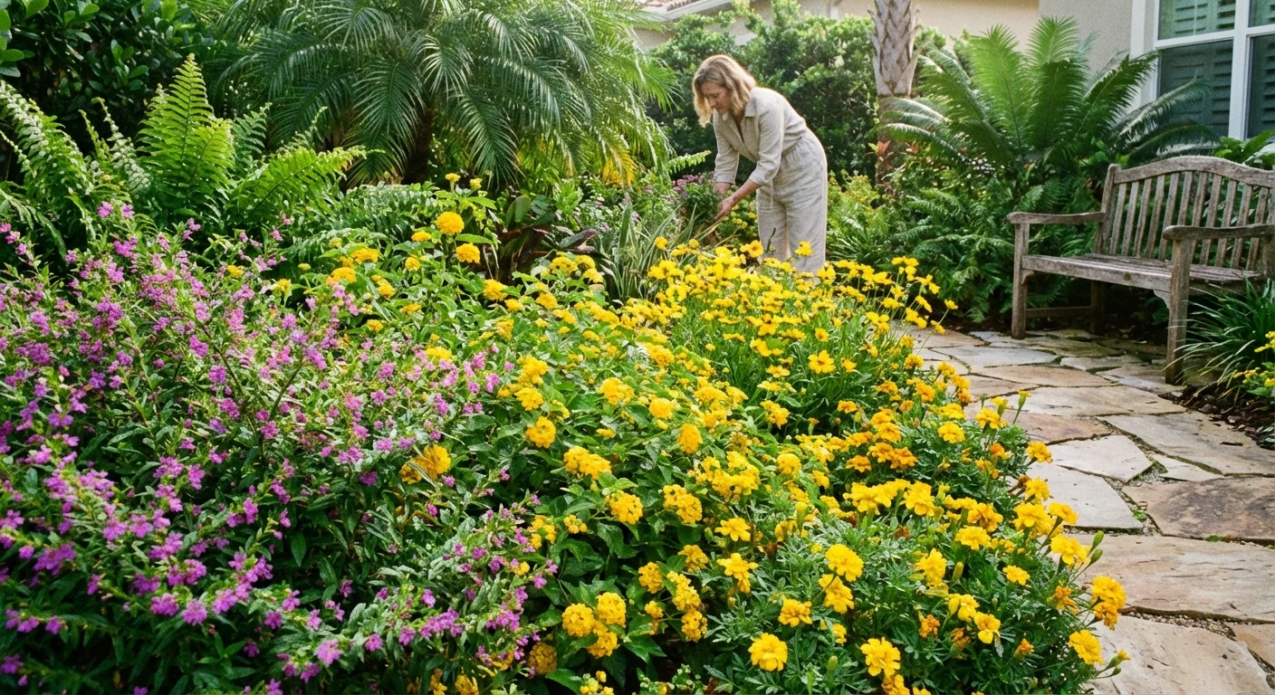 A variety of colorful, heat-tolerant flowers blooming in a well-maintained Florida garden bed.