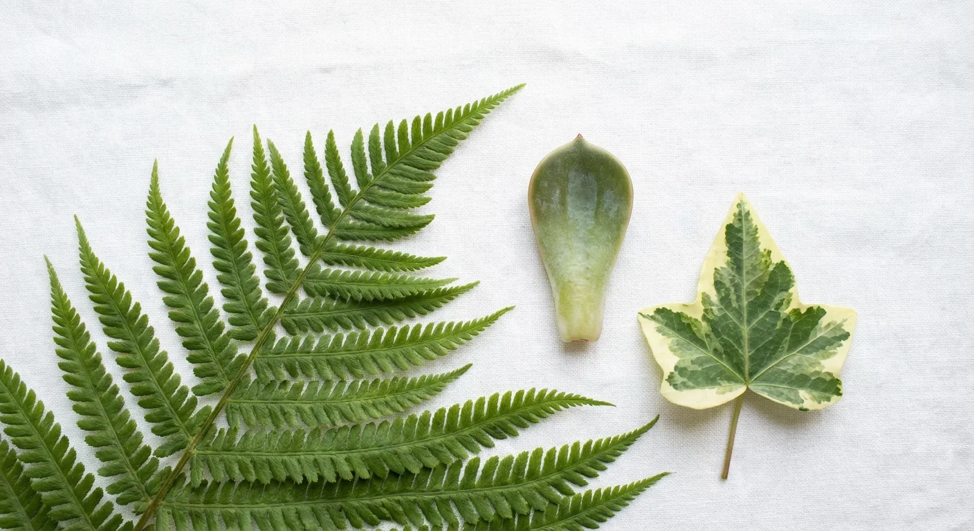A variety of different plant leaves arranged on a white surface.