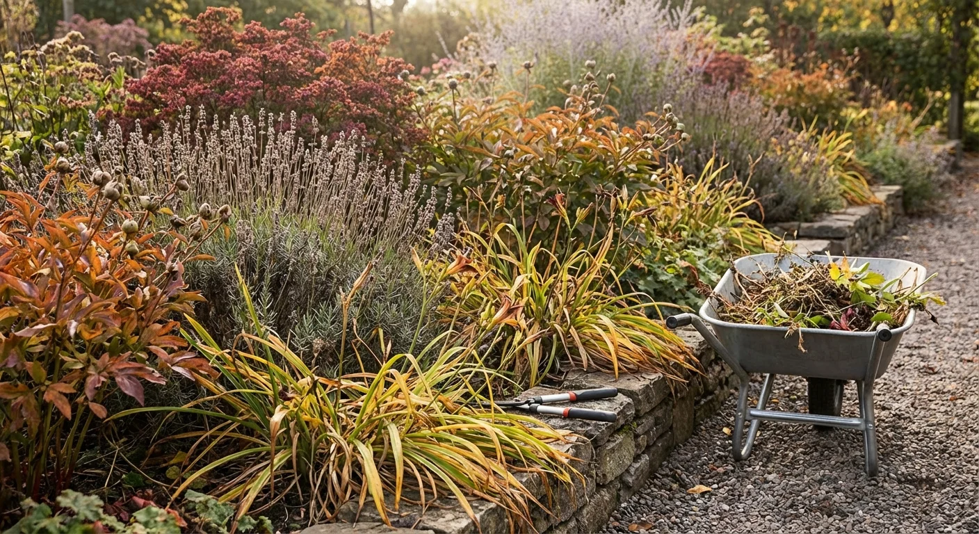 A variety of fall perennials like lavender and peonies in a garden border.