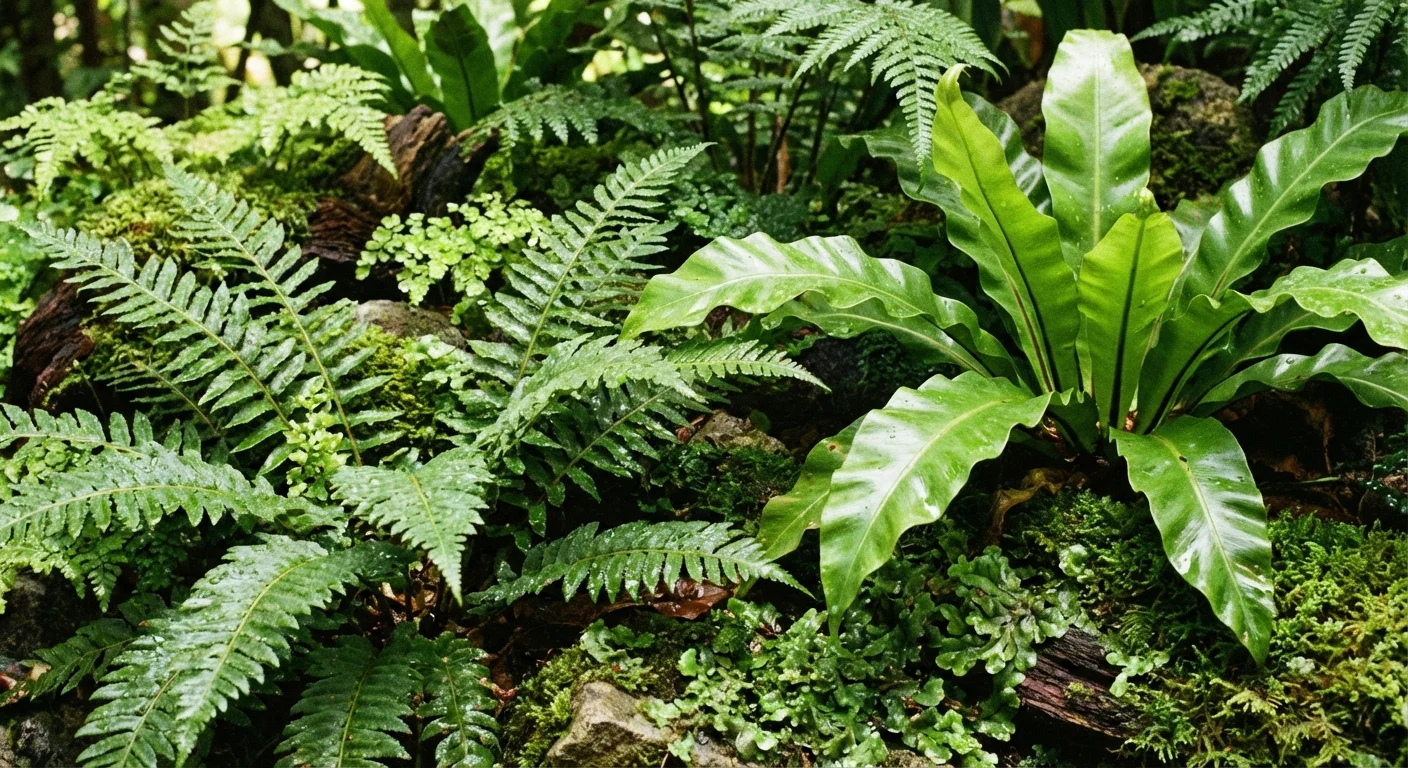 A variety of green ferns showing different textures in a shaded corner.