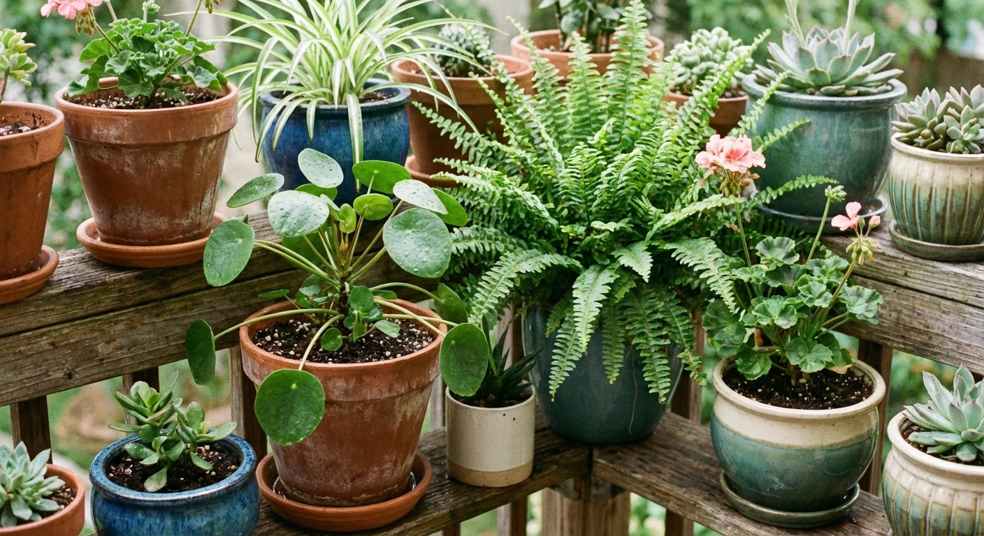 A variety of indoor and outdoor plants in mismatched terracotta and ceramic pots on a balcony.