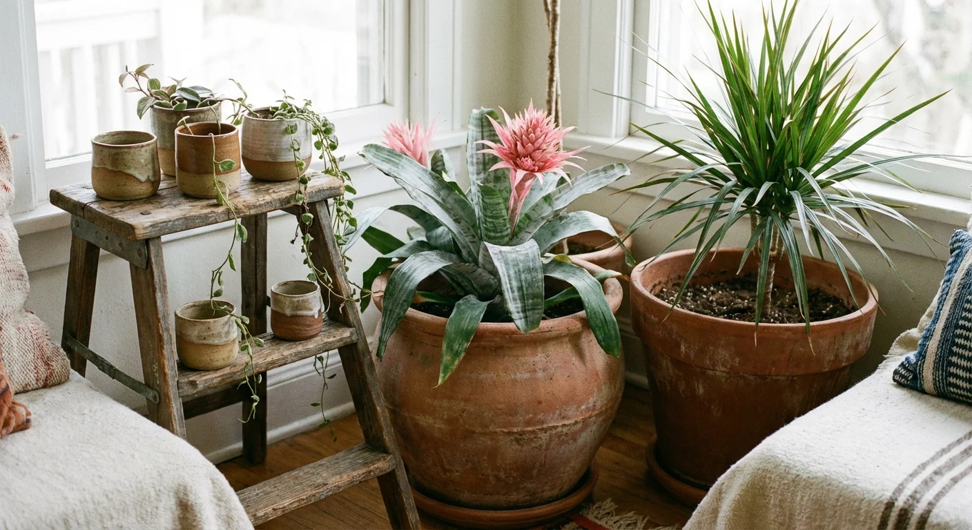 A variety of indoor plants in different sized pots layered on the floor and a wooden stool.