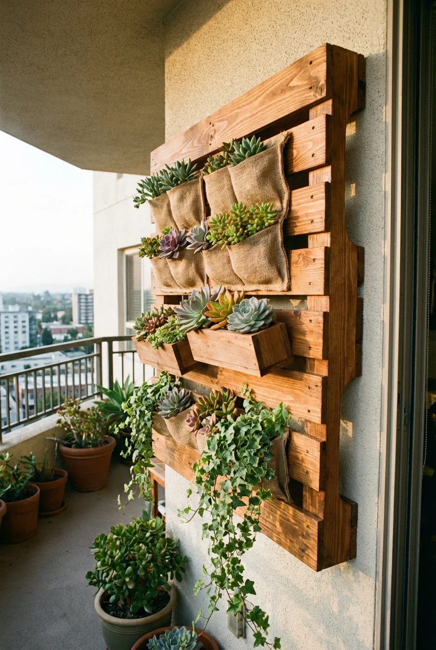 A vertical garden made from a repurposed wooden pallet with succulents and ivy on a balcony wall.
