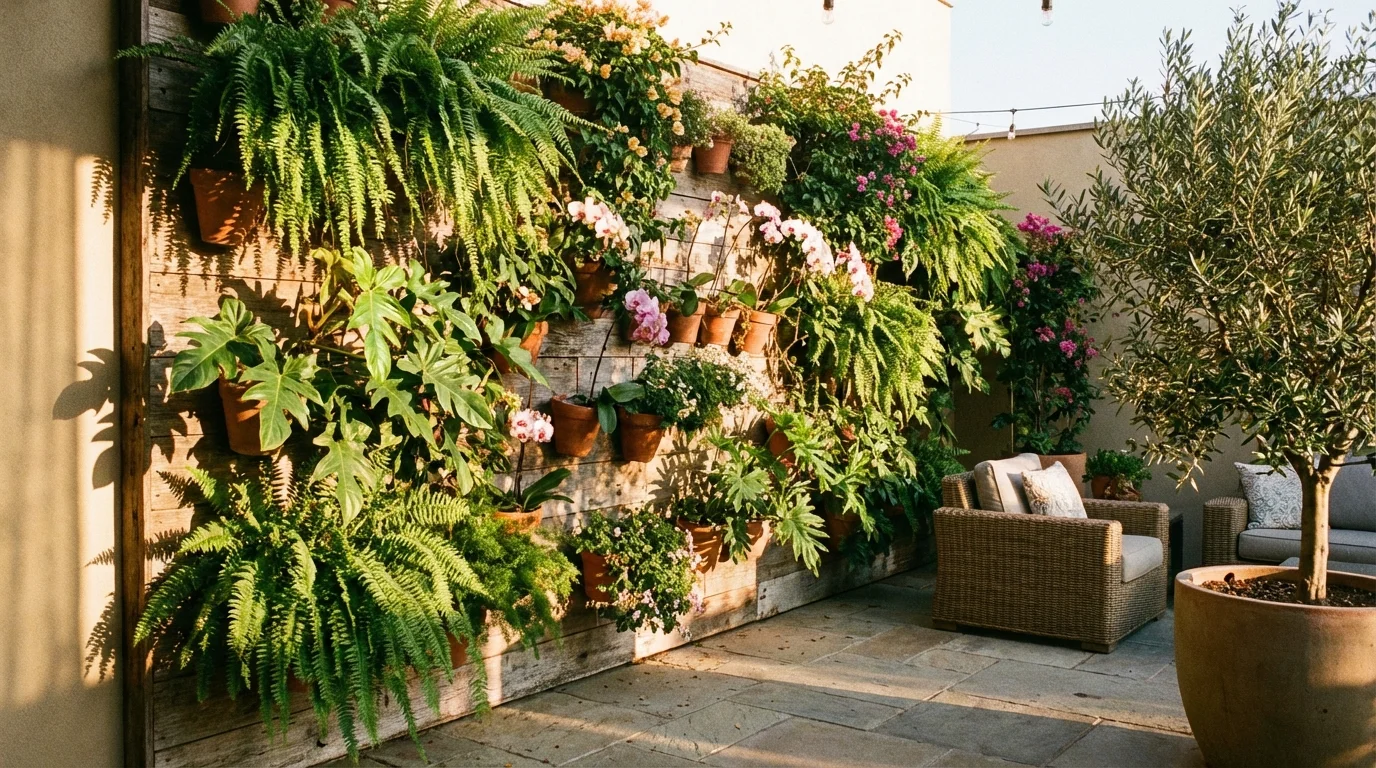 A vertical garden wall bathed in bright, warm afternoon sunlight on a patio.