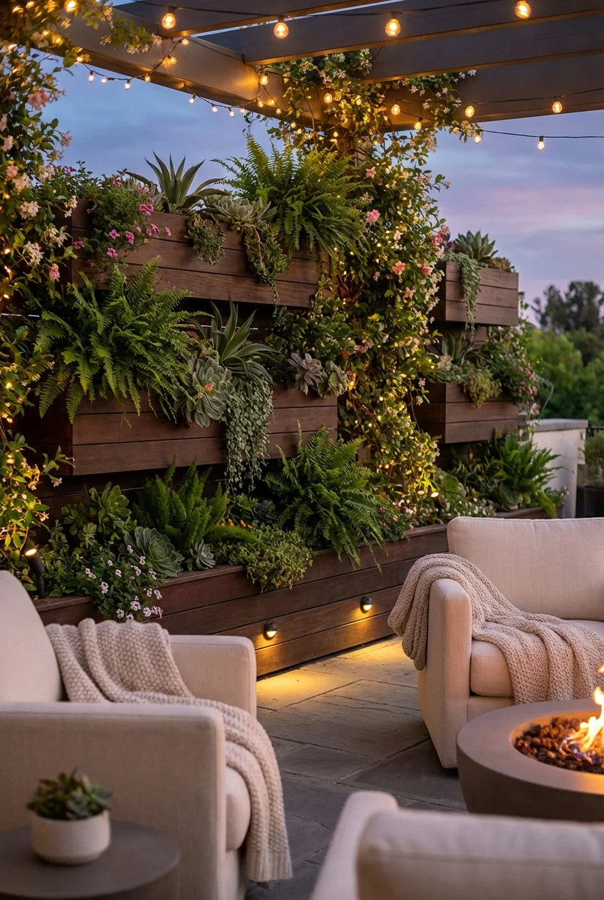 A vertical garden wall softly illuminated by warm string lights at night.