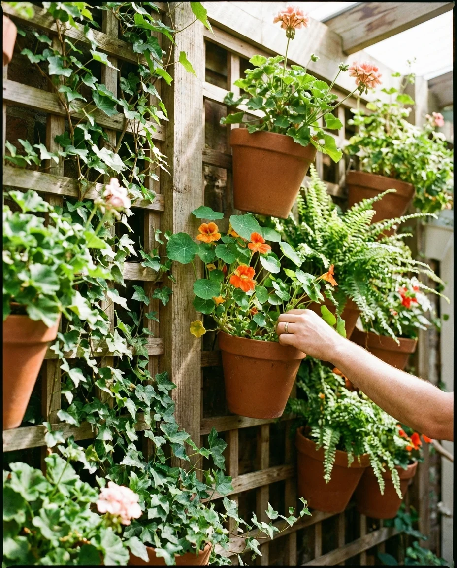 A vertical garden with trellises and hanging plants on a small outdoor wall.