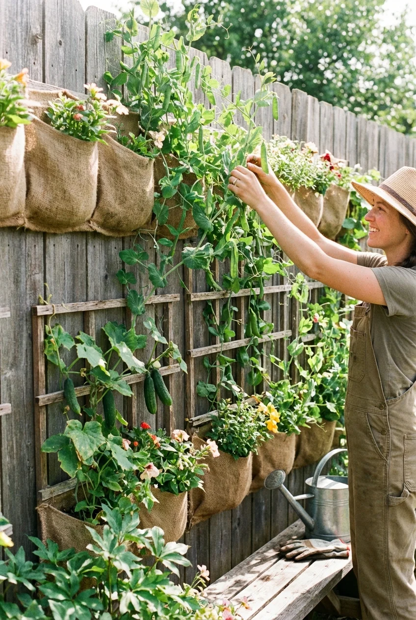 A vertical vegetable garden on a wooden fence with climbing pea plants.