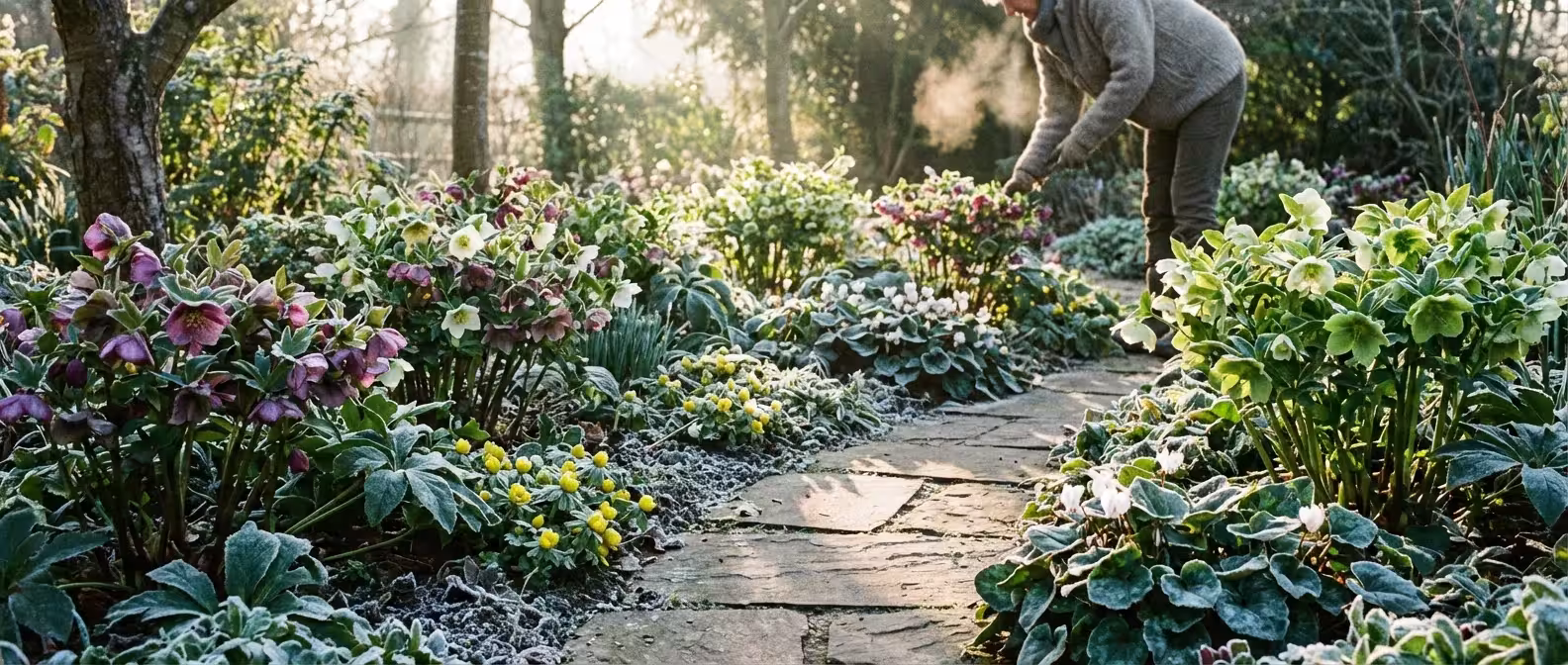 A vibrant garden bed filled with frost-resistant perennials and green foliage during a light winter freeze.