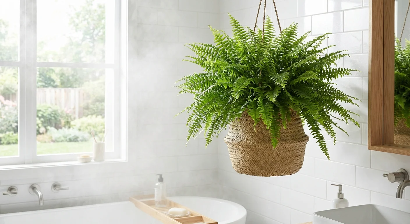 A vibrant green Boston fern hanging in a bright, humid bathroom setting.