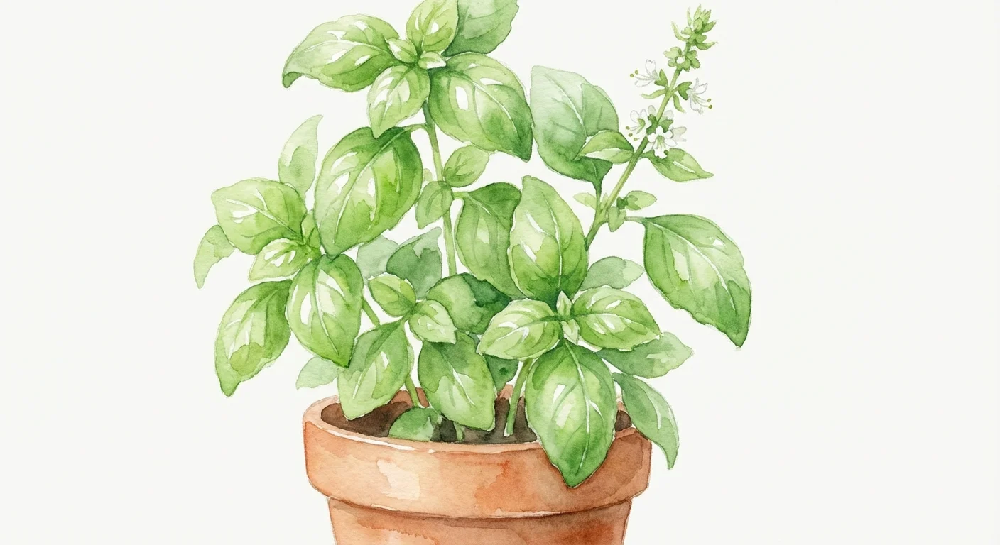 A vibrant green watercolor illustration of a bushy basil plant.