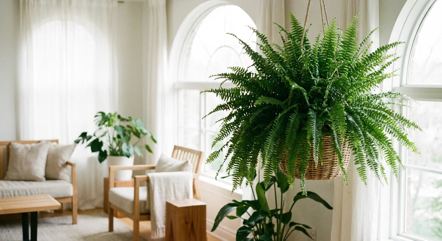 A vibrant Kimberly Queen Fern hanging in a bright, modern interior space.