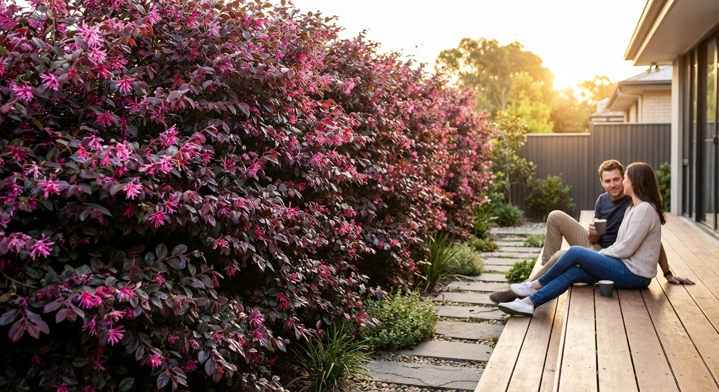 A vibrant Loropetalum hedge with purple leaves and pink fringe flowers providing privacy for a home deck.