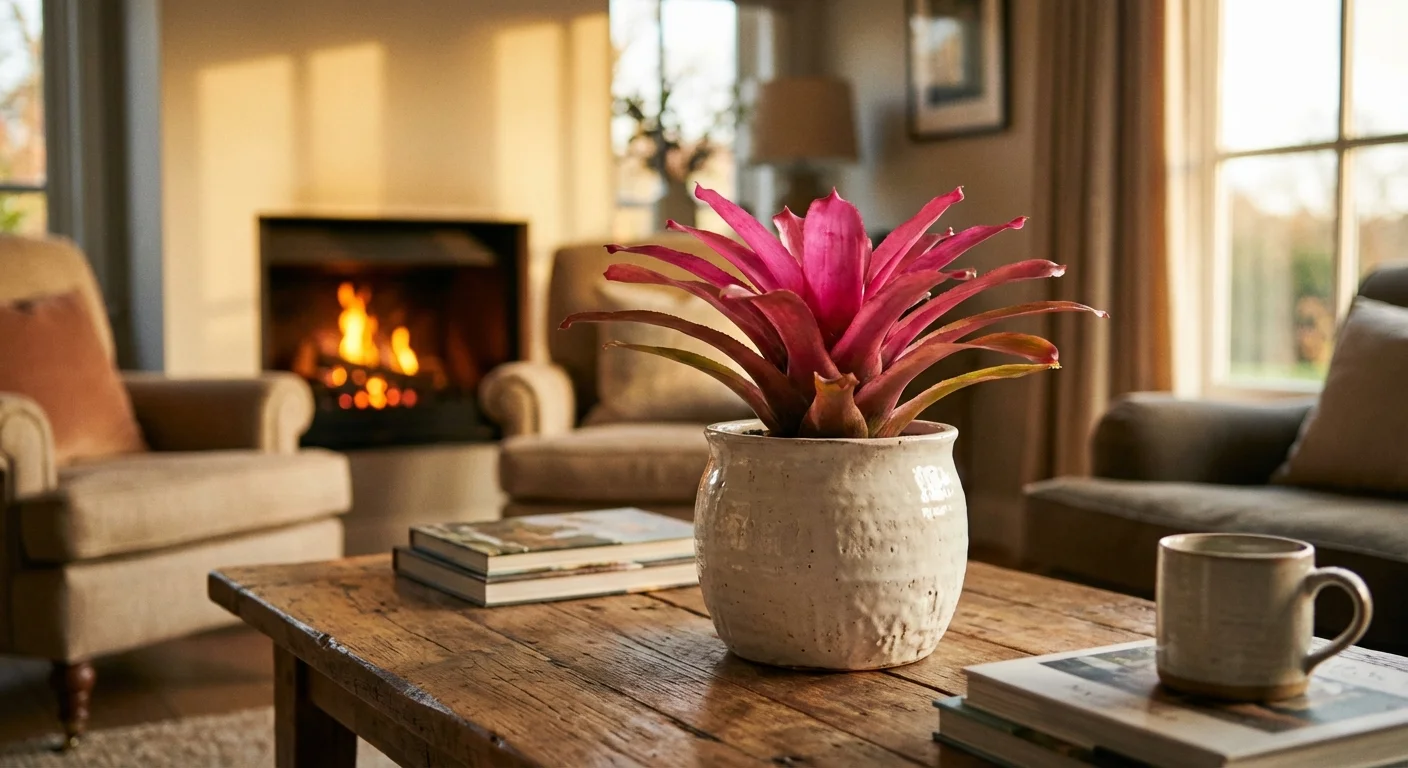 A vibrant pink Bromeliad plant in a stylish pot adding a splash of color to a neutral-toned room.