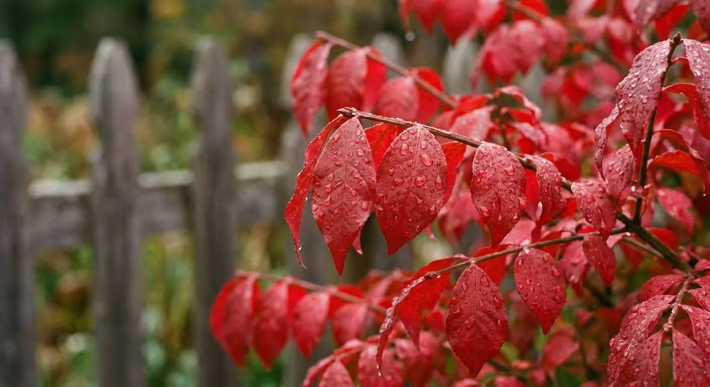 A vibrant red Burning Bush shrub displaying its stunning autumn foliage in a garden.