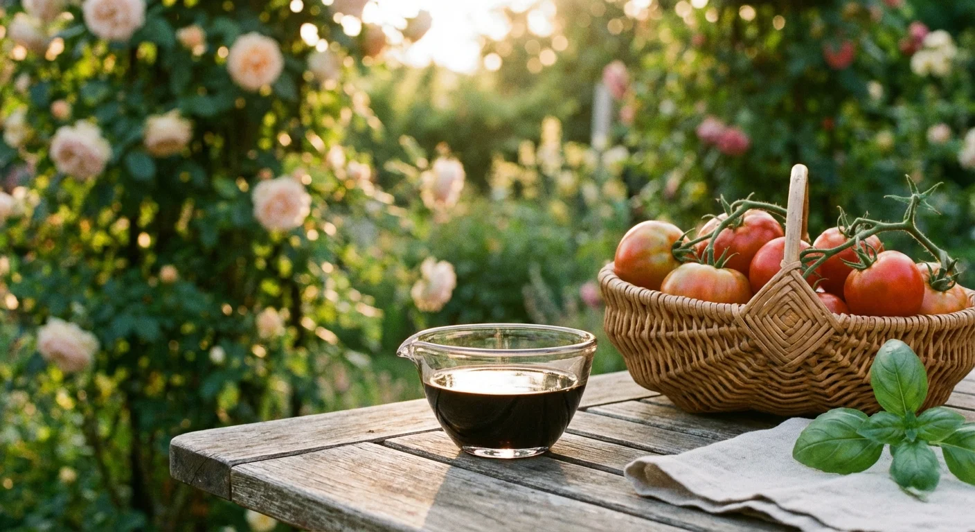 A vinegar trap in a glass bowl placed next to fresh garden tomatoes on a patio table.