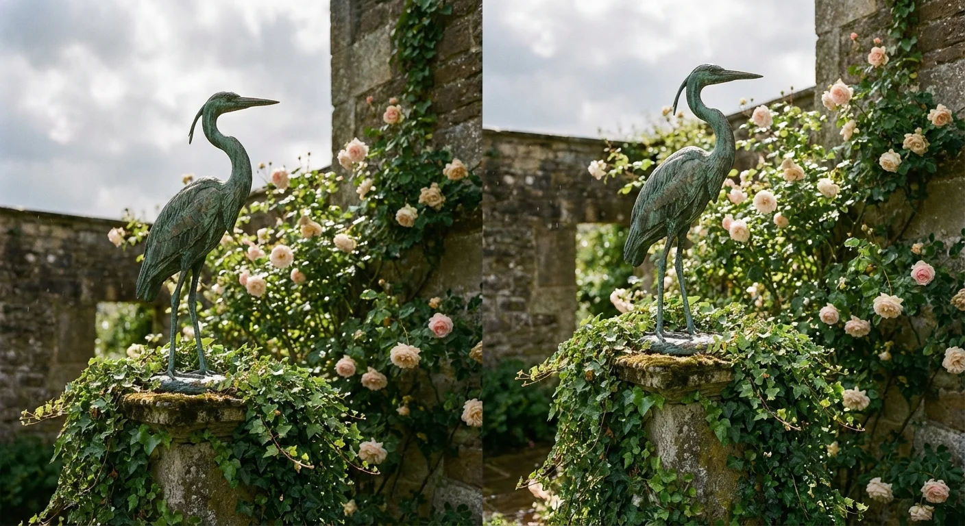 A vintage bird statue in a garden surrounded by ivy.