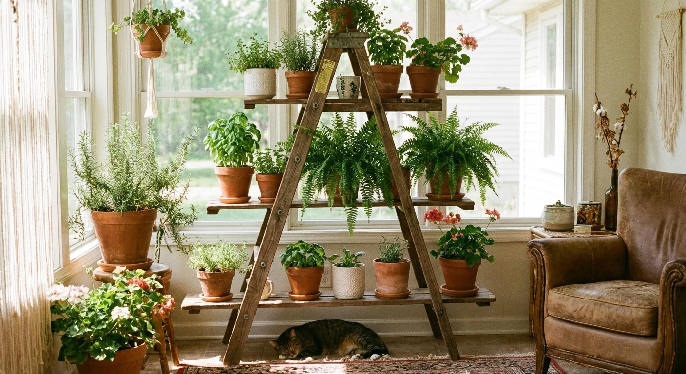 A vintage ladder used as a multi-level plant stand for various indoor pots.