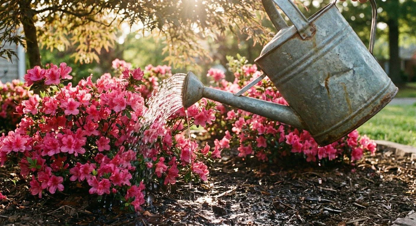 A vintage watering can hydrating bright pink azaleas in a sunlit garden.